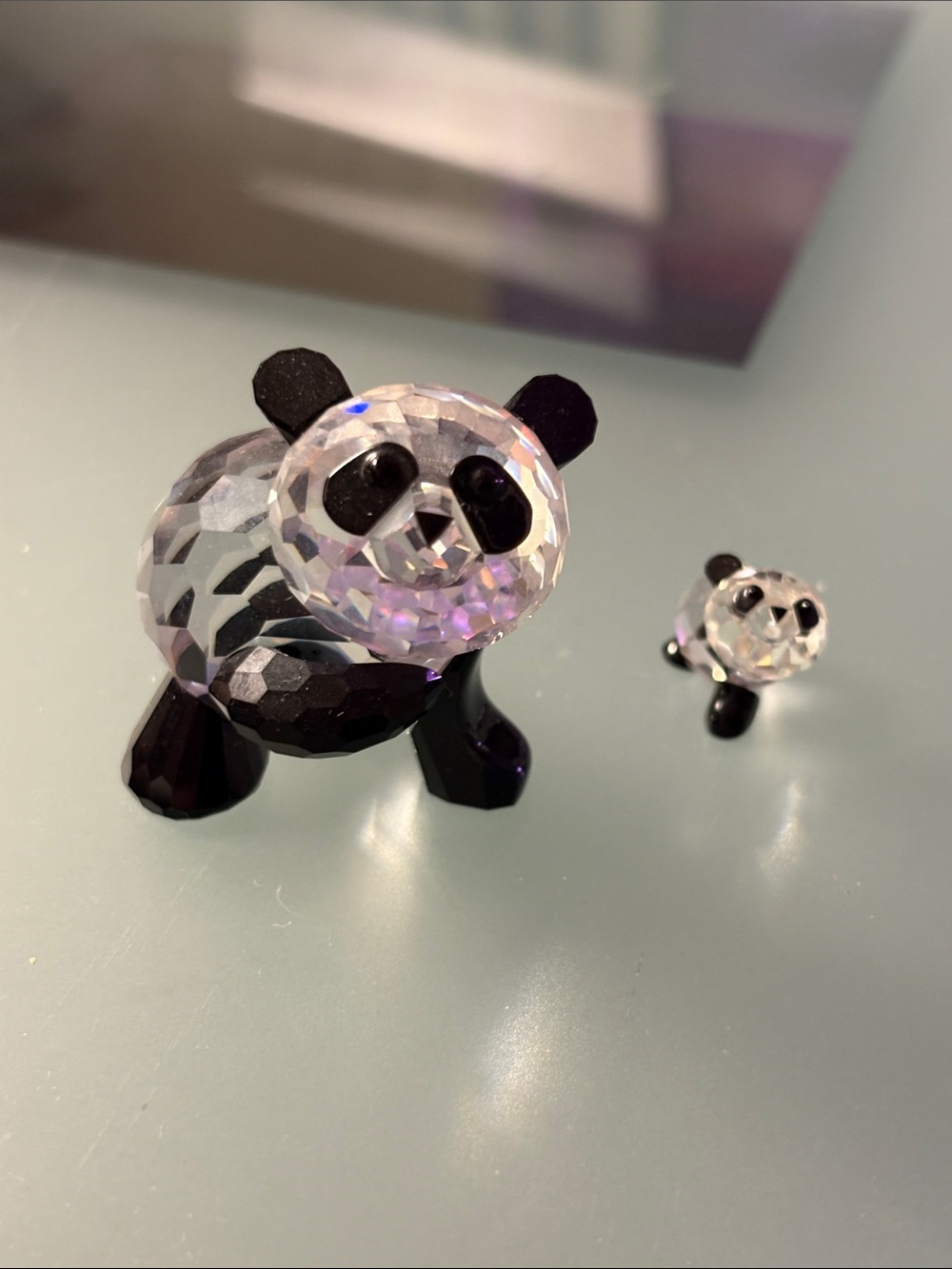 Swarovski Retired Adult Panda (Mint), w/ 1 Baby Mini Panda (Missing Ear & Foot).